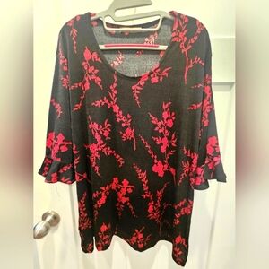 Susan Lawrence Woman Plus Black Pink Floral Ruffle Sleeve Knit Top 1X